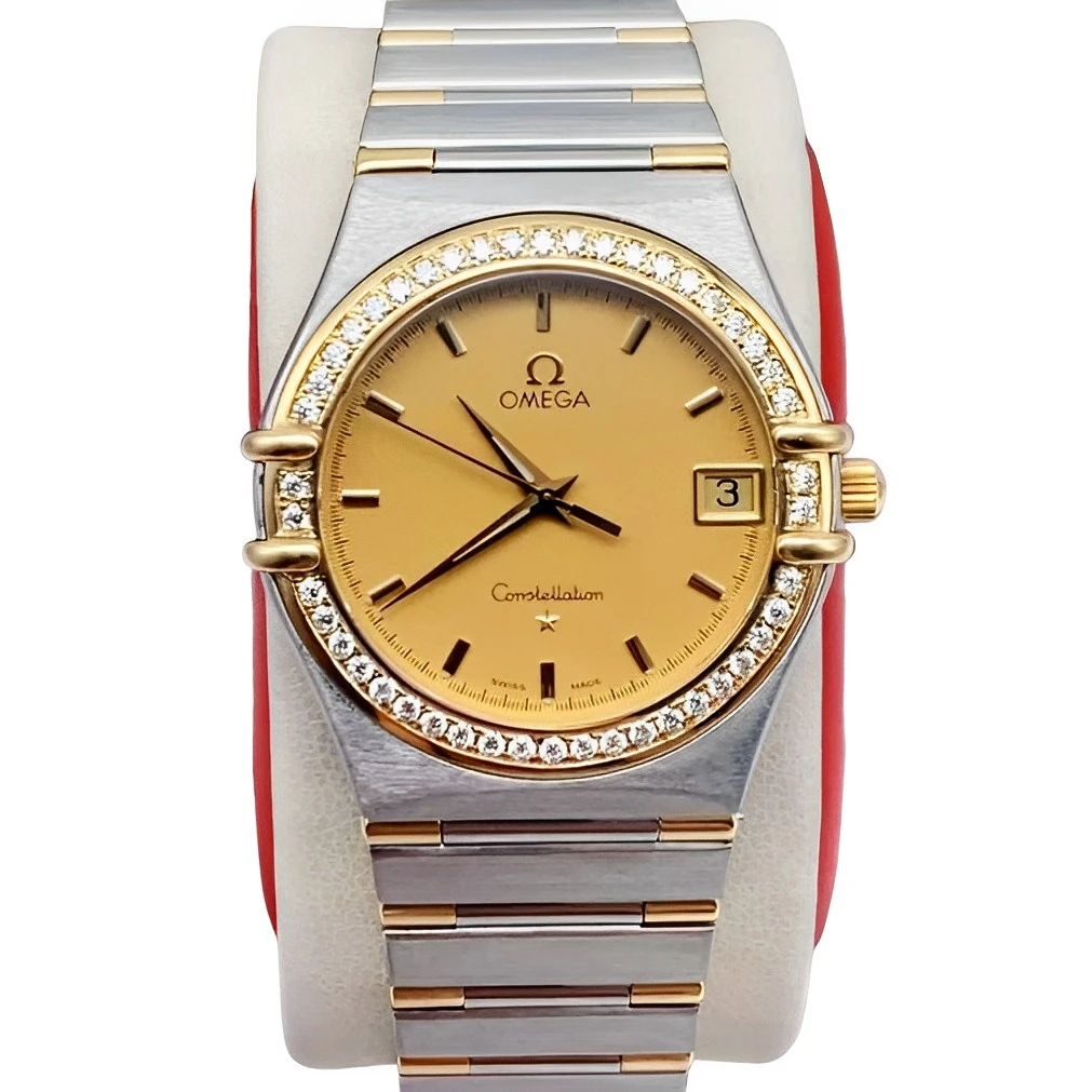 95新 Omega/欧米茄 33.5盘 星座后镶钻名表18K间金石英男女士腕表