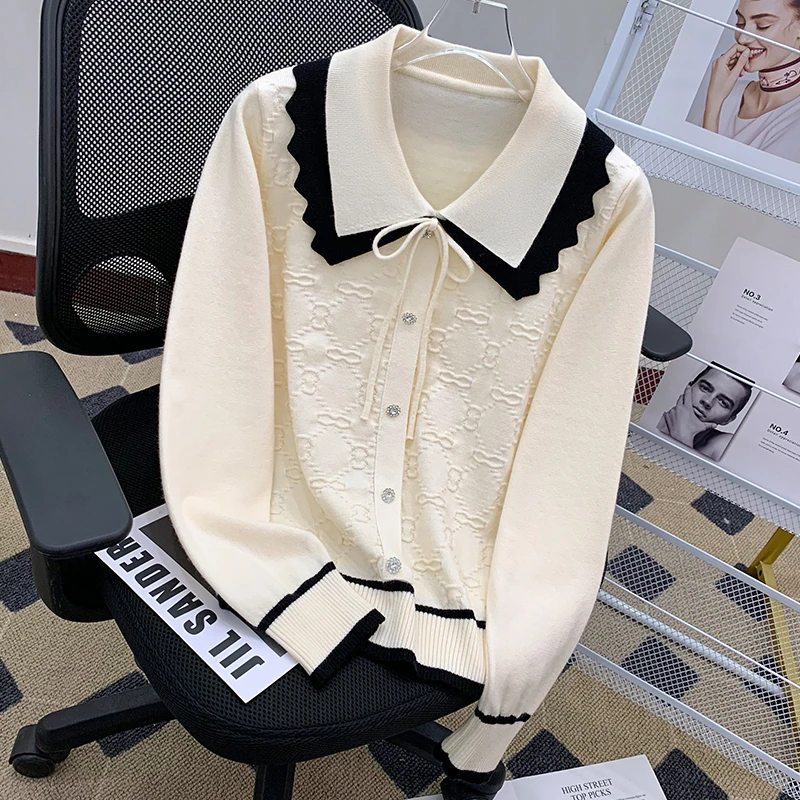 秋冬新款双层翻领撞色套头长袖针织衫小香风时尚百搭针织毛衣