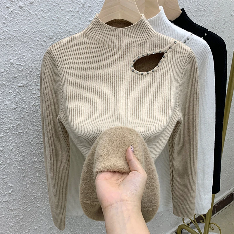 一体绒半高领镂空套头针织打底衫女加绒加厚精致感针织毛衣