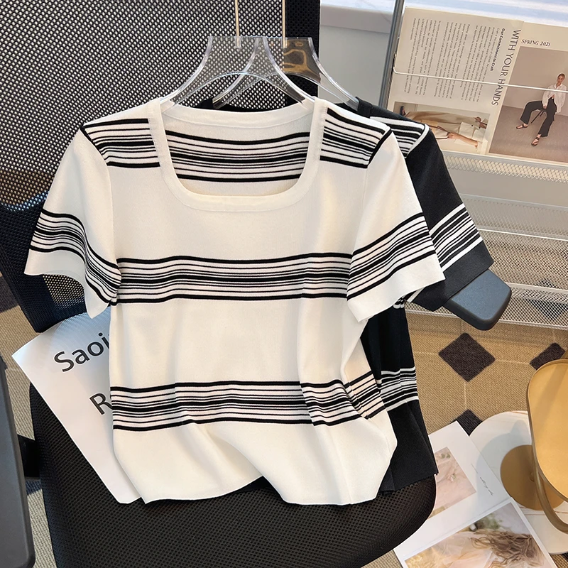 2023夏季新款大码胖MM条纹方领针织短袖上衣女修身减龄小众T恤ins