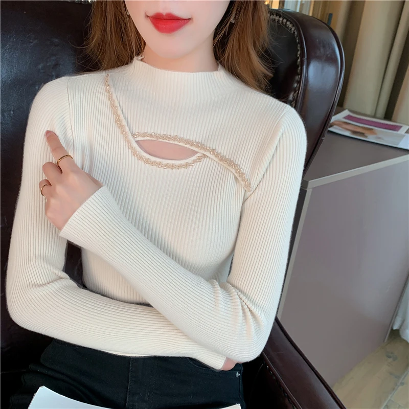 打底衫女秋冬季2023新款时髦时尚洋派钉珠镂空针织衫气质内搭毛衣