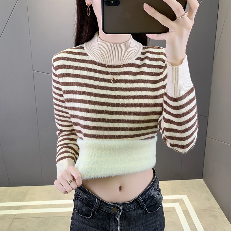 一体绒条纹2023网红款新款女毛衣秋冬针织衫半高领加绒百搭洋气
