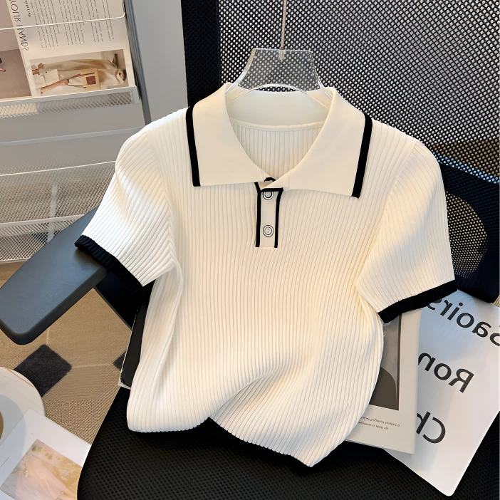 夏季白色小个翻领小香风polo领短袖针织衫t恤上衣女网红显瘦短款