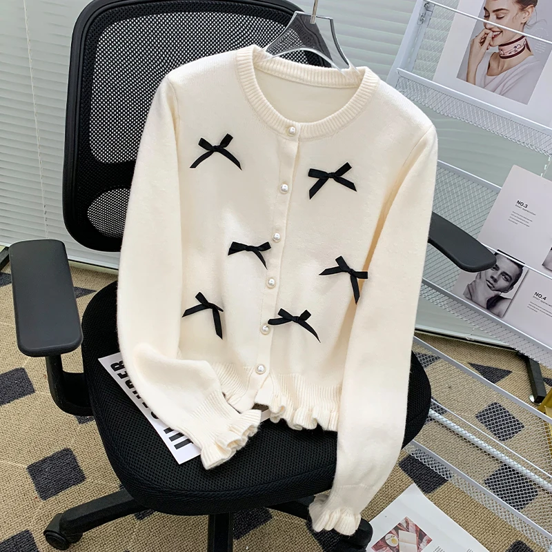 秋季新款学院风千金公主风针织衫立体蝴蝶结花边圆领毛衣外套上衣