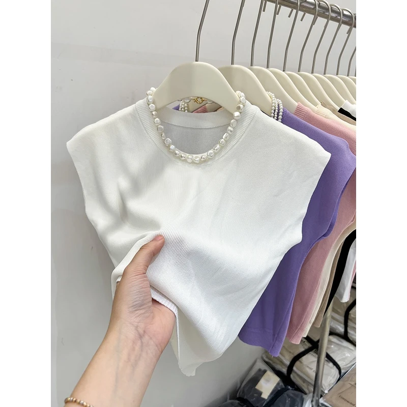 冰丝针织衫女短袖夏季高级感无袖修身上衣女百搭时尚薄款