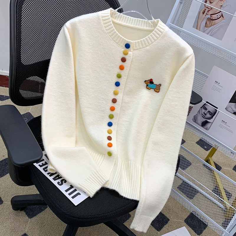 圆领长袖针织开衫小狗刺绣减龄可爱针织毛衣外套女