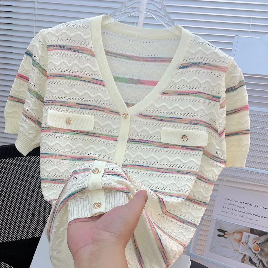 法式小香风条纹冰丝针织衫短袖T恤新款夏季薄款上衣假开衫女8078