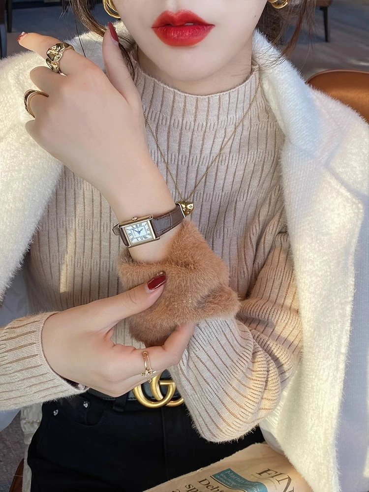 秋冬加绒毛衣女打底衫半高领加厚保暖内搭一体水貂绒针织白色上衣