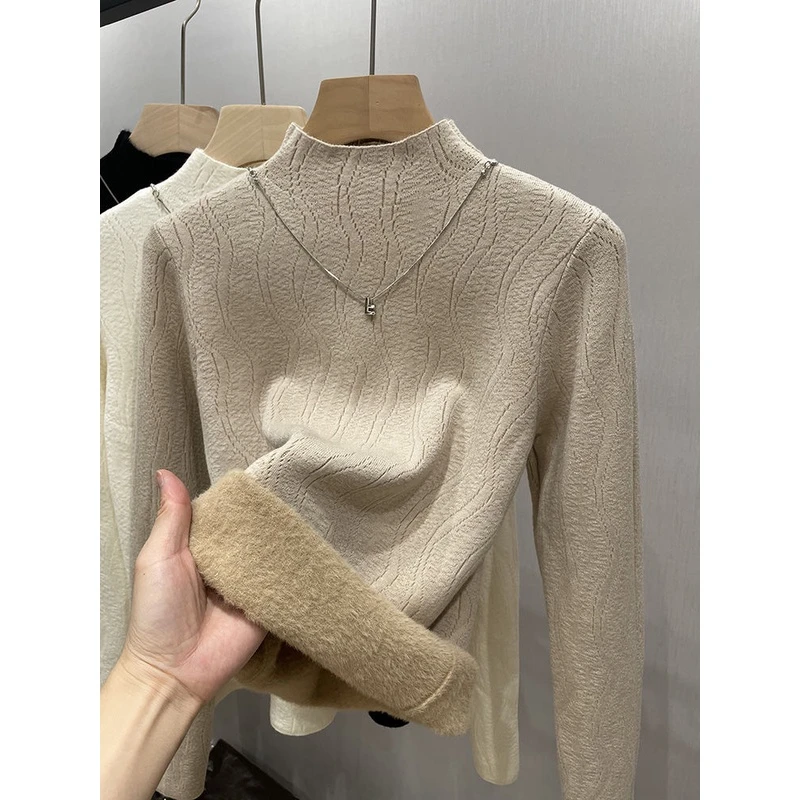 半高领保暖一体绒肌理打底衫中领女秋冬新款洋气内搭加绒加厚毛衣