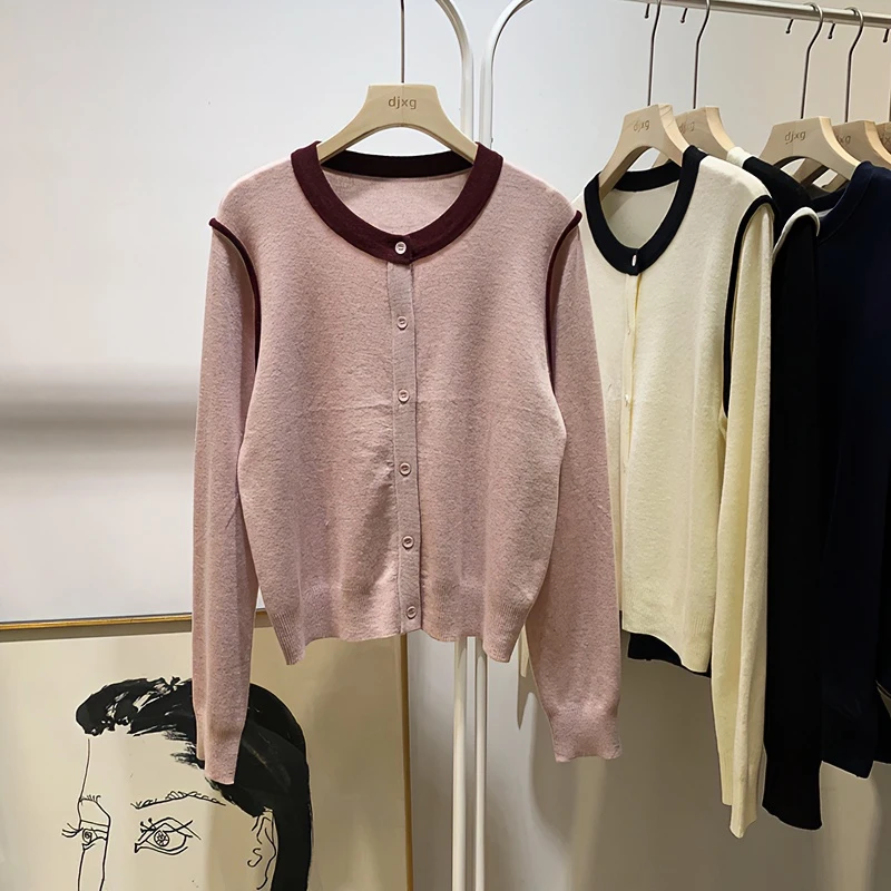 秋季韩版洋气时髦简约大气拼接撞色单排扣开衫女短款针织衫薄上衣