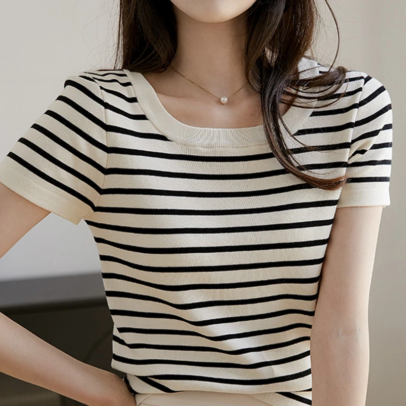 夏季洋气显瘦圆领法式复古修身短款打底衫女条纹针织短袖上衣春夏