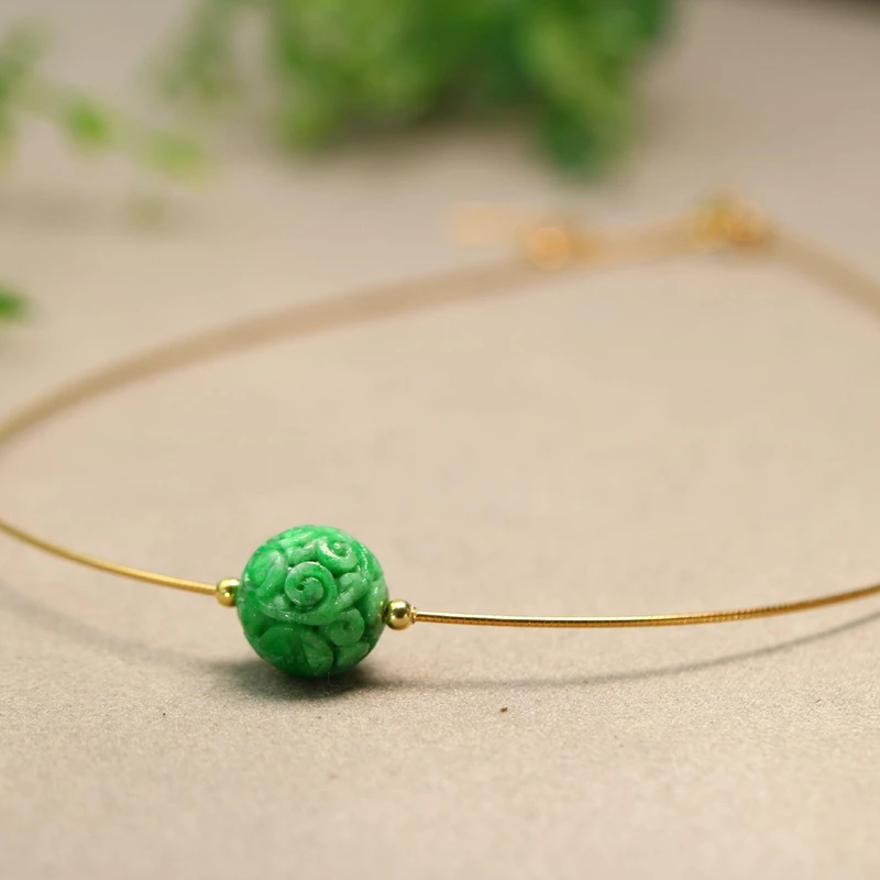 #H107 S925银项圈镶嵌满绿天然A货翡翠雕花圆珠子锁骨链吊坠