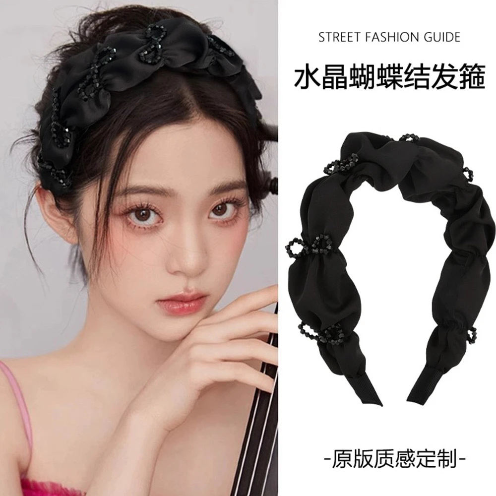 黑色高级感宽边褶皱水晶发箍女高颅顶气质小众压碎发发卡新款发饰