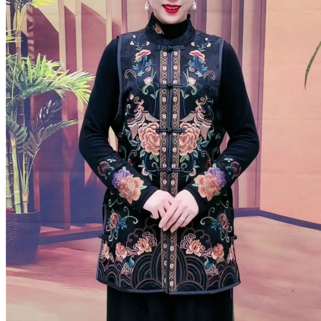 756款新中式盘扣中长款牡丹花缎面加棉马甲