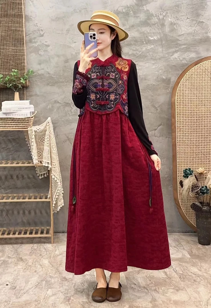 3896文艺重工艺坎袖刺绣棉麻长裙