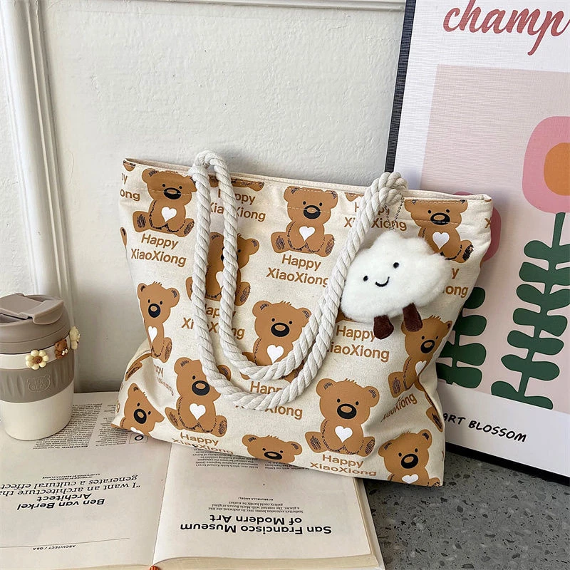 学院文艺帆布女学生书包单肩麻绳软妹手提包韩版帆布袋托特包大包