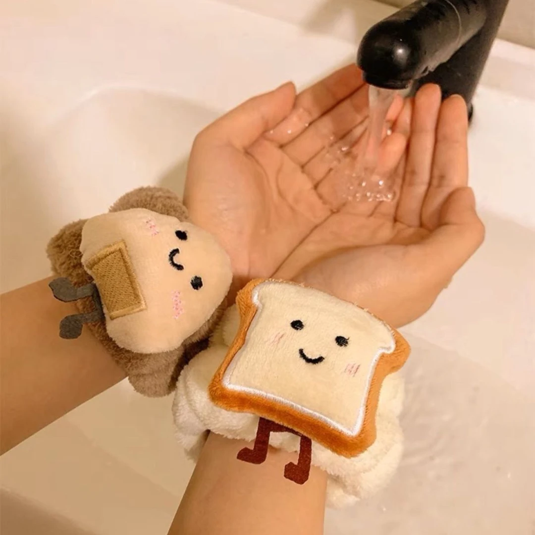 可爱芝士吐司洗脸手腕带~防滴水防湿袖神器洗漱手环毛绒大肠发圈