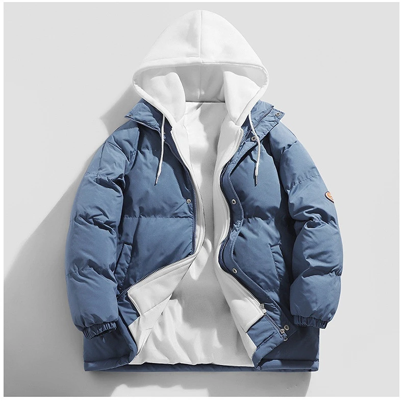 棉服男士百搭情侣连帽宽松加厚保暖纯色韩版秋冬冬季假两件