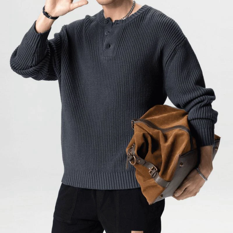 2024高级感美式重磅复古针织毛衣男宽松圆领休闲潮牌半开襟毛衣男