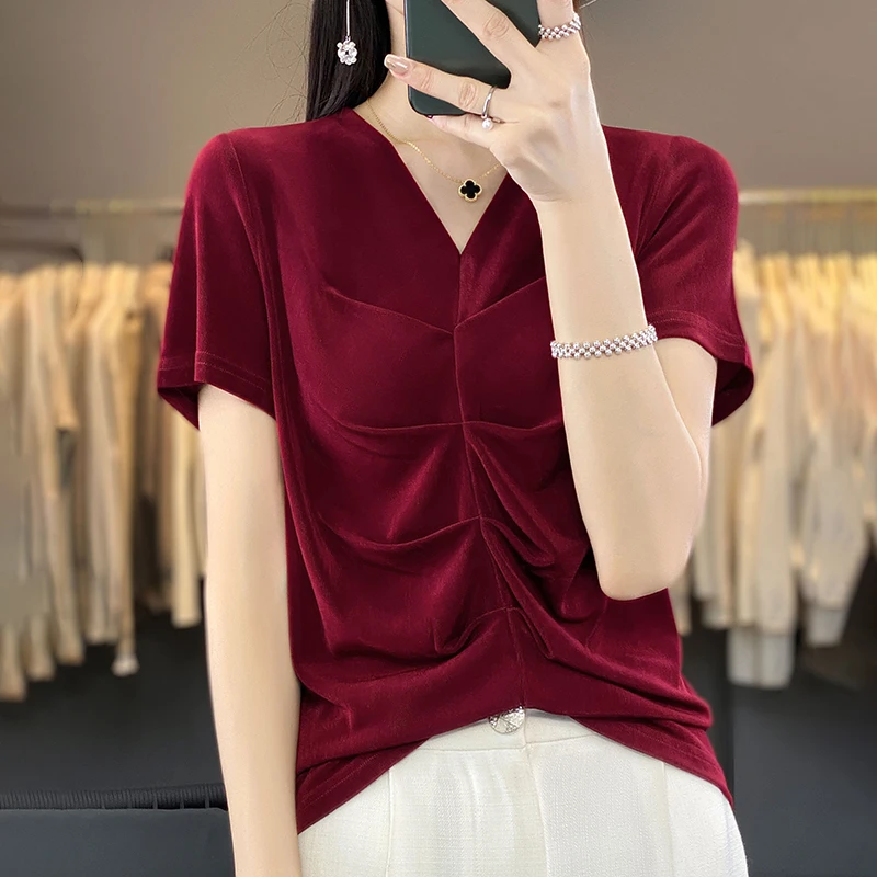 【泽雅】24年夏季纯色时尚显瘦百搭设计感上衣V领醋酸重工褶皱T恤女