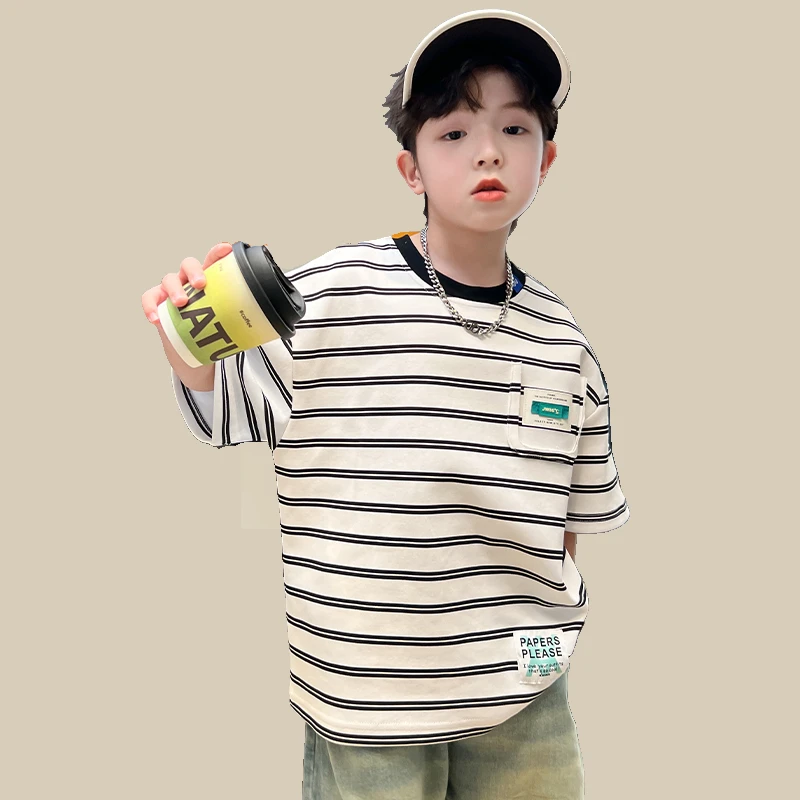 烈童条纹男童夏装洋气T恤儿童清新宽松夏季衣服中大童夏款短袖t恤