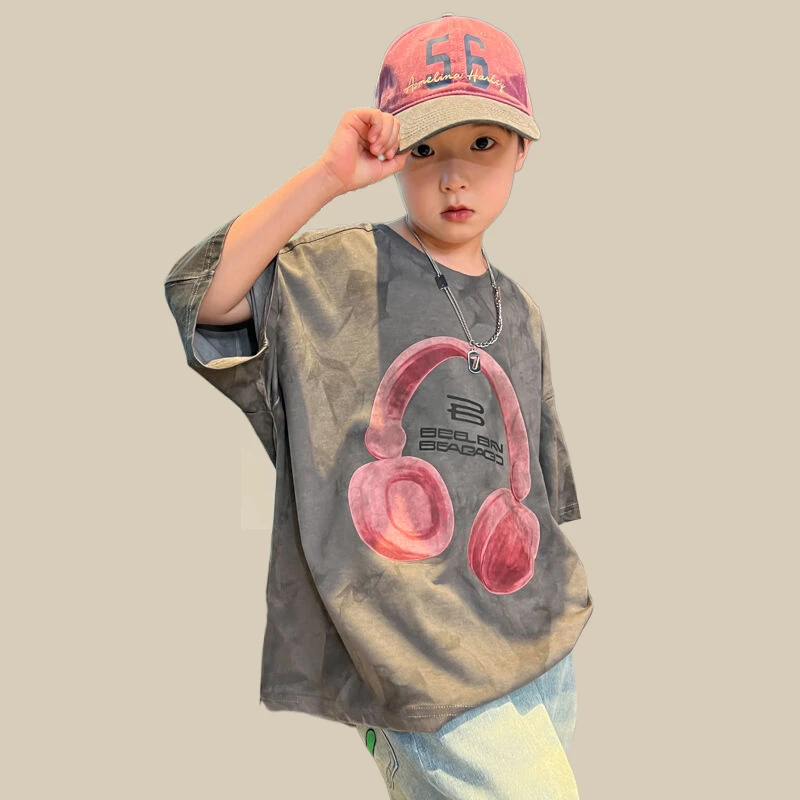 烈童2024新款男童夏季耳机T恤儿童夏季宽松时尚韩版衣服百搭t恤潮