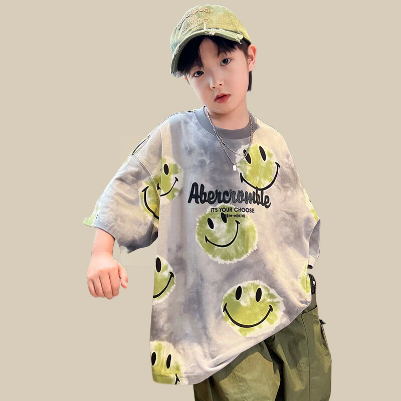 烈童新款男童夏装笑脸T恤儿童清新宽松夏季衣服中大童夏款短袖t恤