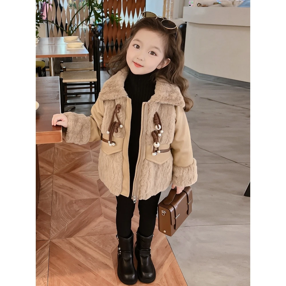 女童冬装外套女宝宝冬款洋气加厚珍珠扣毛毛儿童冬季2023新款衣服