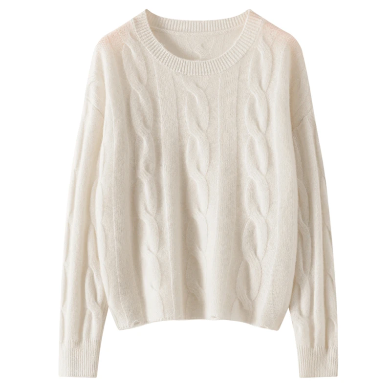 山羊绒7针双股加厚麻花破洞女士圆领羊绒衫