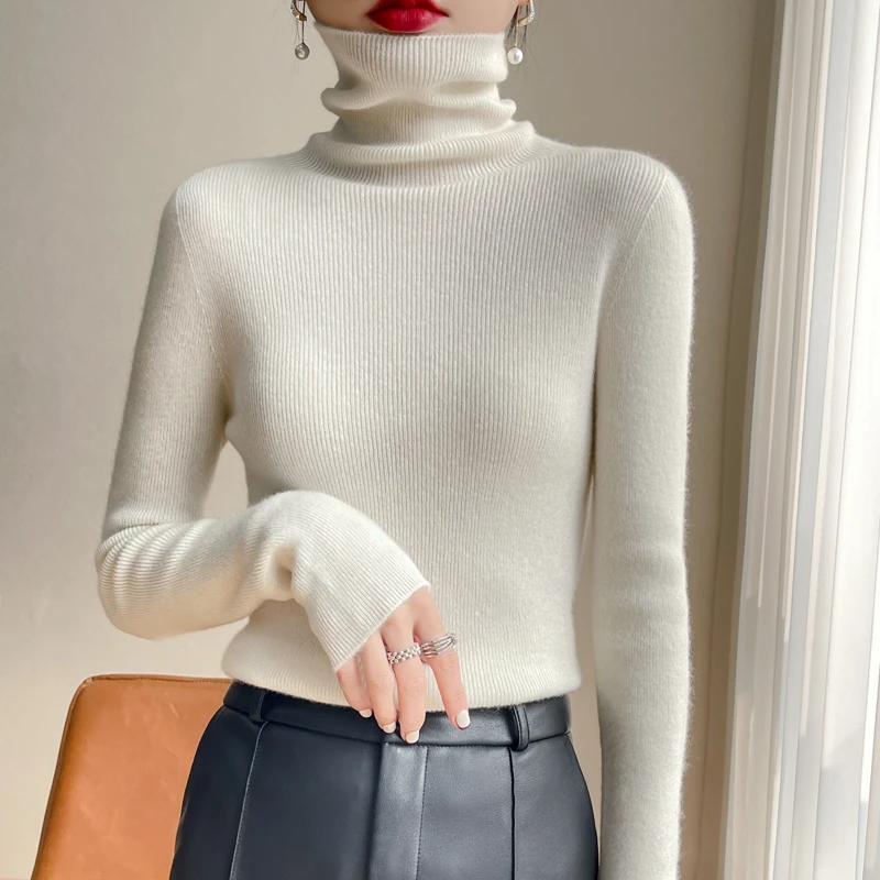 100纯山羊绒一线成衣女士抽条堆堆领羊绒打底衫