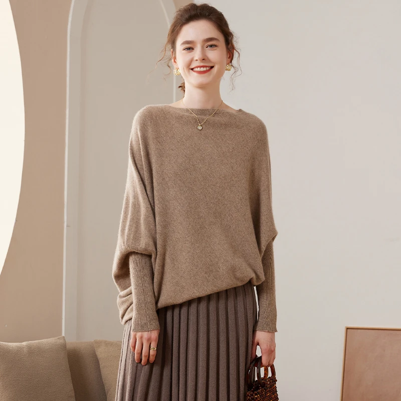 100纯山羊绒12针平面中长款蝙蝠衫