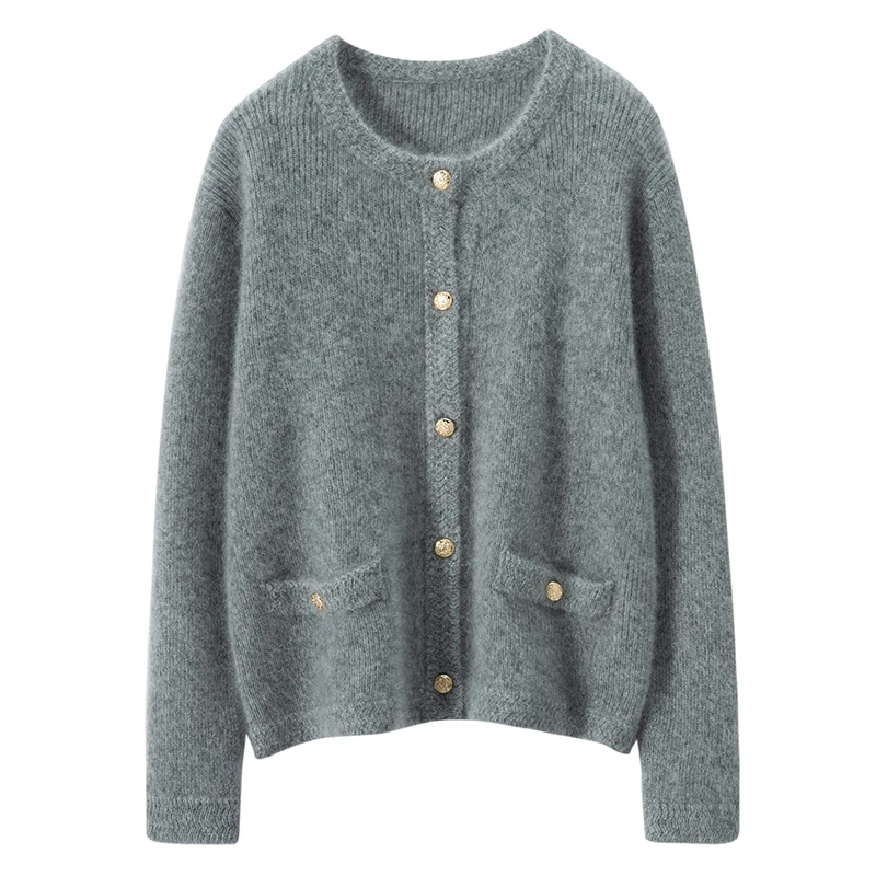 100%纯山羊绒拉绒圆领小香风开衫