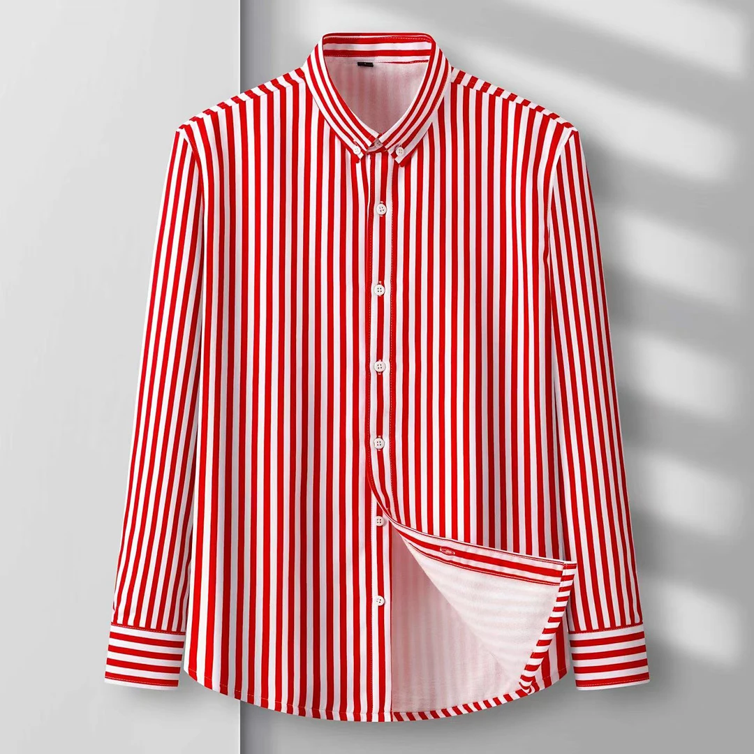 秋冬新款保暖衬衫男加绒加厚条纹红色衬衣长袖休闲上衣防寒打底衫