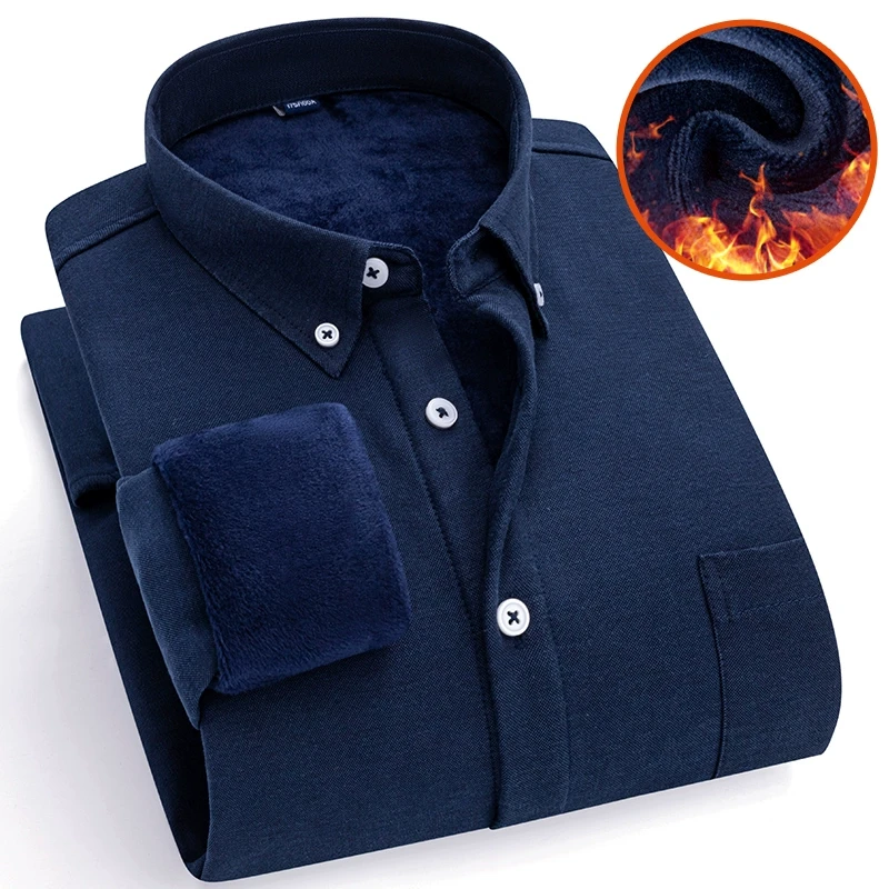 秋冬季加绒加厚长袖衬衫男士修身中老年爸爸装无痕牛津纺保暖衬衣