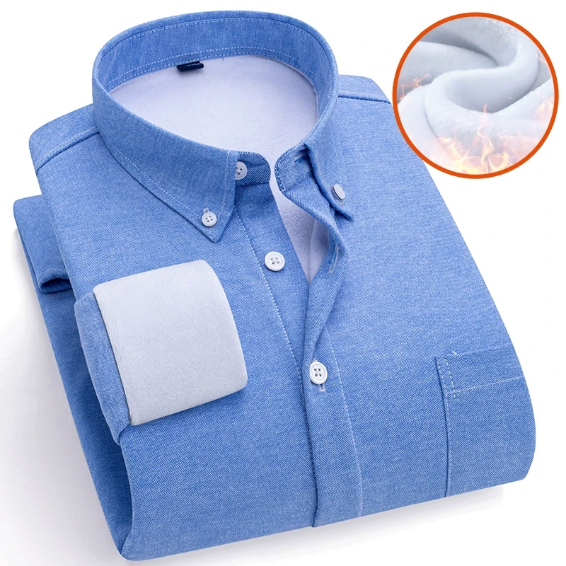 冬季加绒加厚牛津纺男长袖保暖衬衫青少年韩版修身学生蓝色衬衣潮