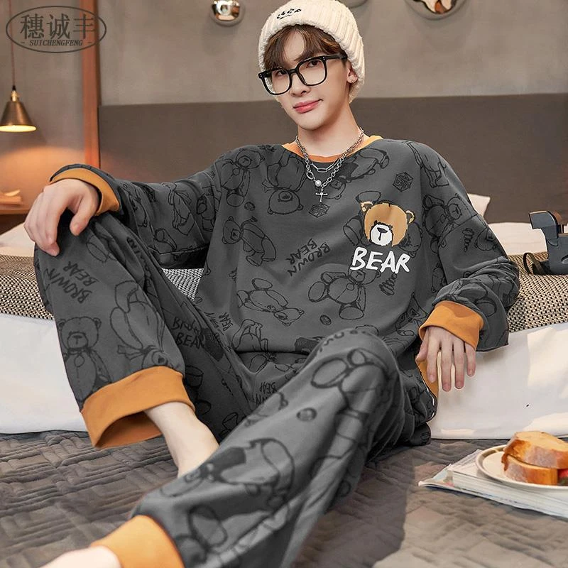 范哲萨睡衣男春秋棉长袖套装大码青少年男士全棉休闲可外穿家居服