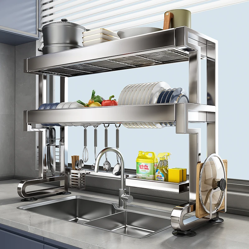 304不锈钢厨房水槽置物架多功能可伸缩碗盘沥水架碗碟收纳架家用