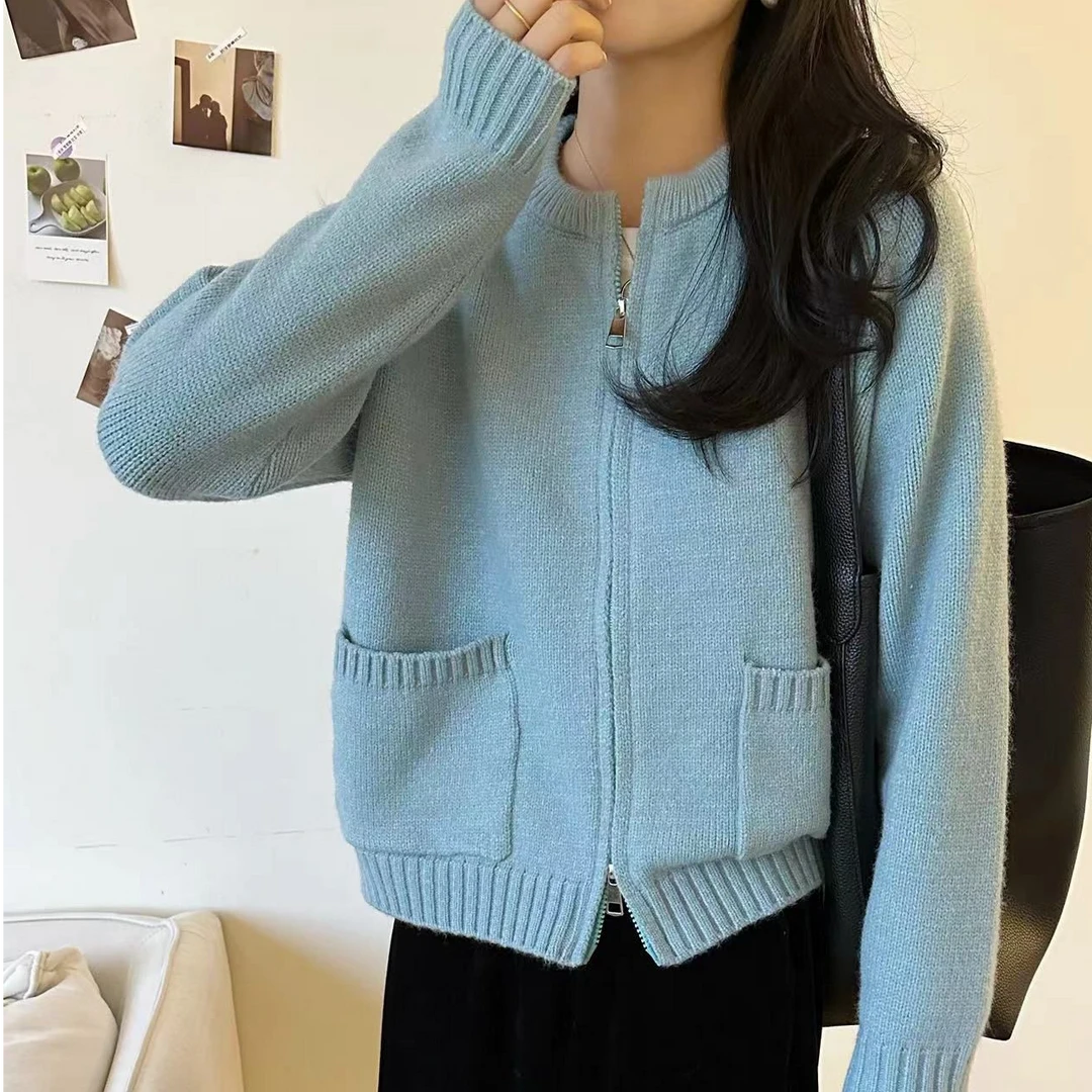 韩版圆领短款针织开衫女加厚拉链外套小众别致上衣秋冬毛衣潮