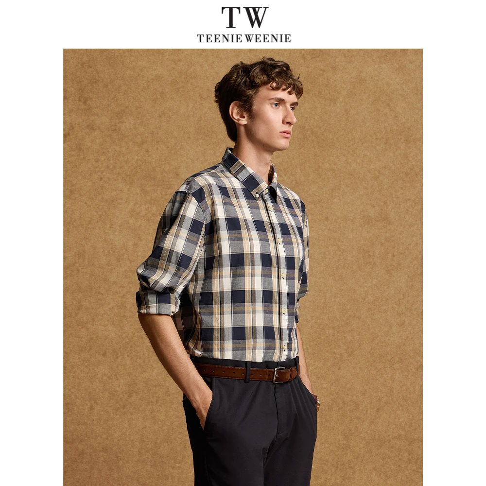 TeenieWeenie小熊男装长袖衬衫2024秋季新款撞色格纹复古休闲衬衣