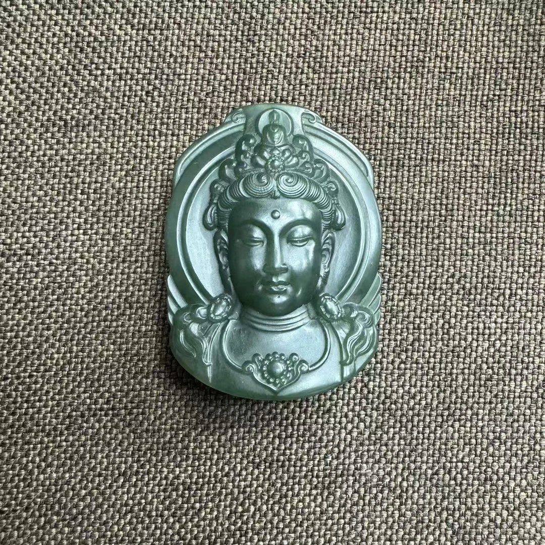 天然和田玉老料精雕特细厚装度母佛首吊坠油润细糯 老料