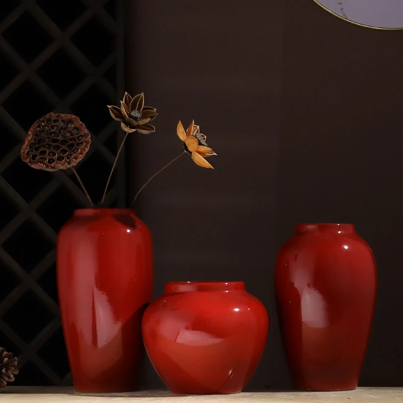 灼思景德镇手工创意家居客厅卧室干花装饰摆件简约红色陶瓷花瓶