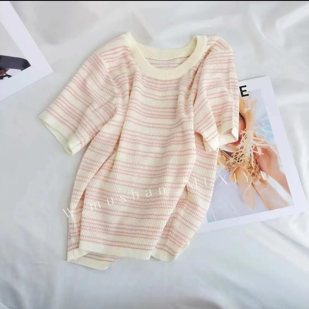 【HT】夏季薄款冰丝条纹方领针织短袖t恤女2024新款短款上衣小衫