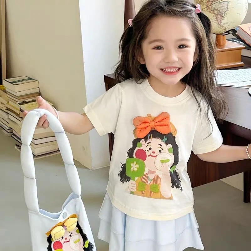 儿童夏季新款纯棉T恤亲子装女童蝴蝶结网红韩版上衣宝宝洋气短袖8