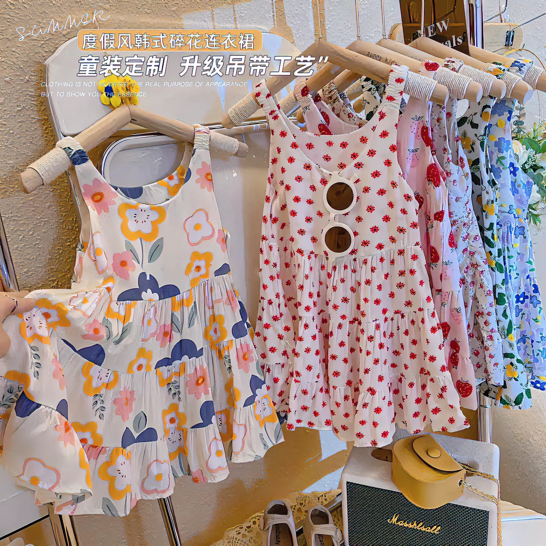 儿童节新款女童背心裙宝宝洋气碎花吊带裙女童时尚度假风公主裙88