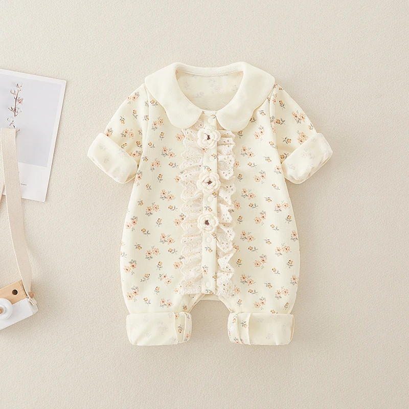 婴儿连体衣女宝宝单层春季外出服百天周岁秋装爬服超萌洋气公主服