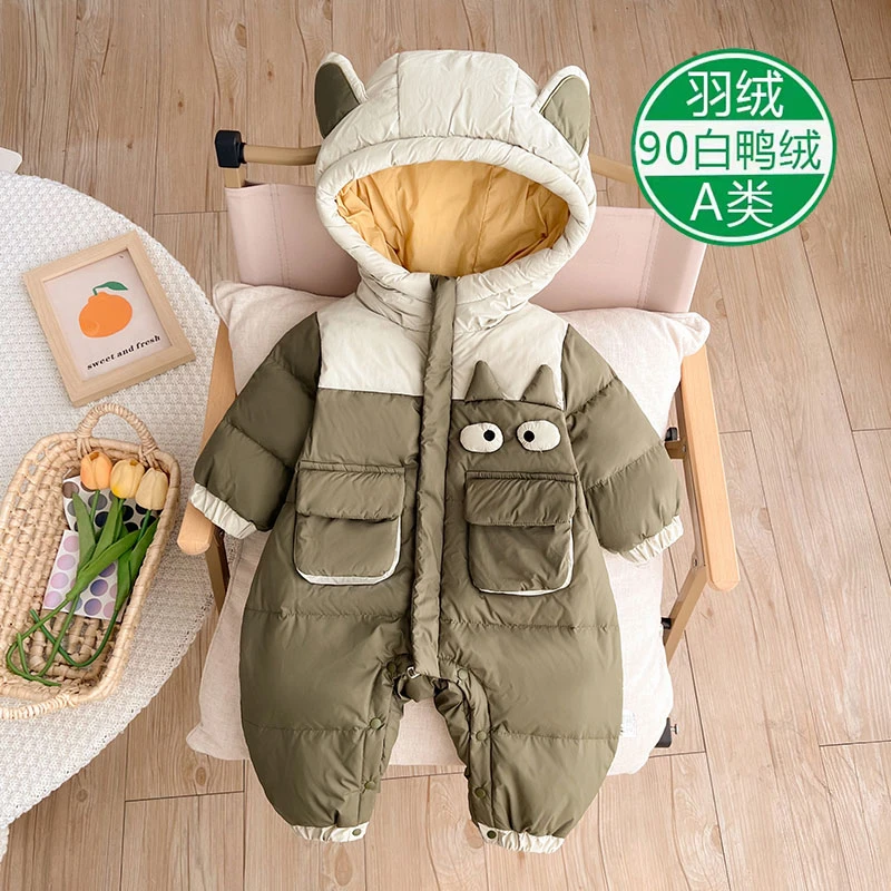 冬季新款男宝婴幼儿加绒可爱青蛙连体衣新生儿加厚羽绒外出爬服