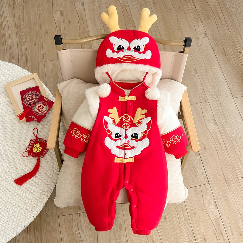 新生儿冬装棉服加厚加棉外出服爬服男女宝百天满月礼服保暖连体衣