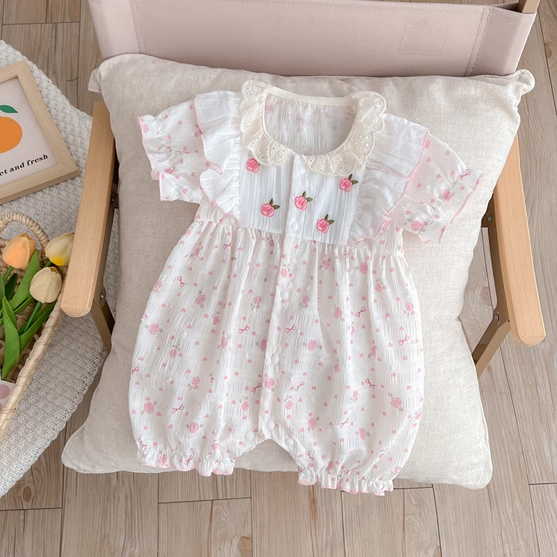 婴儿连体衣新生儿夏款短袖女宝宝夏季薄款哈衣满月百天洋气公主服