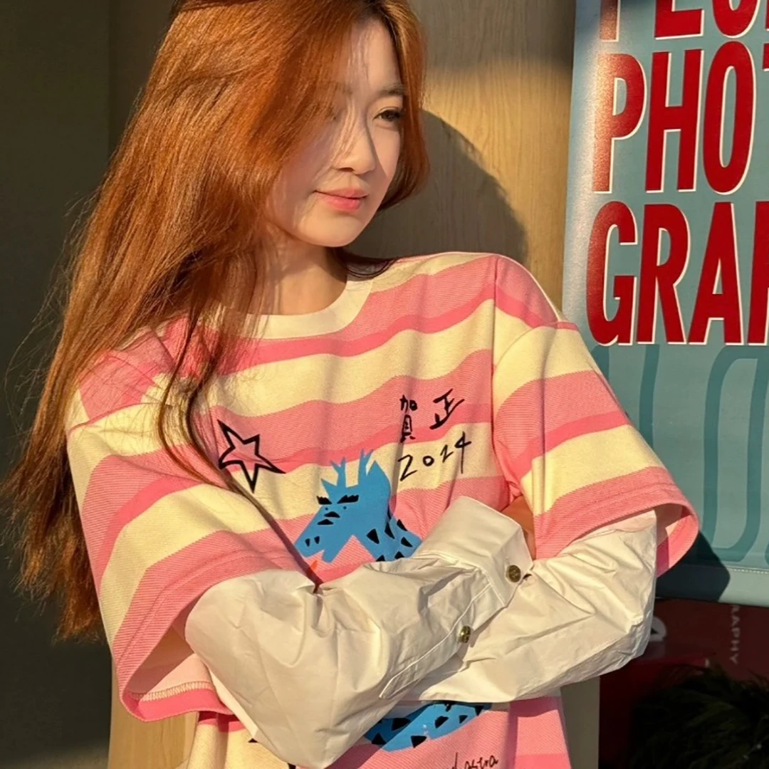 【小青龙】个性创意设计感拼色条纹别致图案长袖T恤.HT848