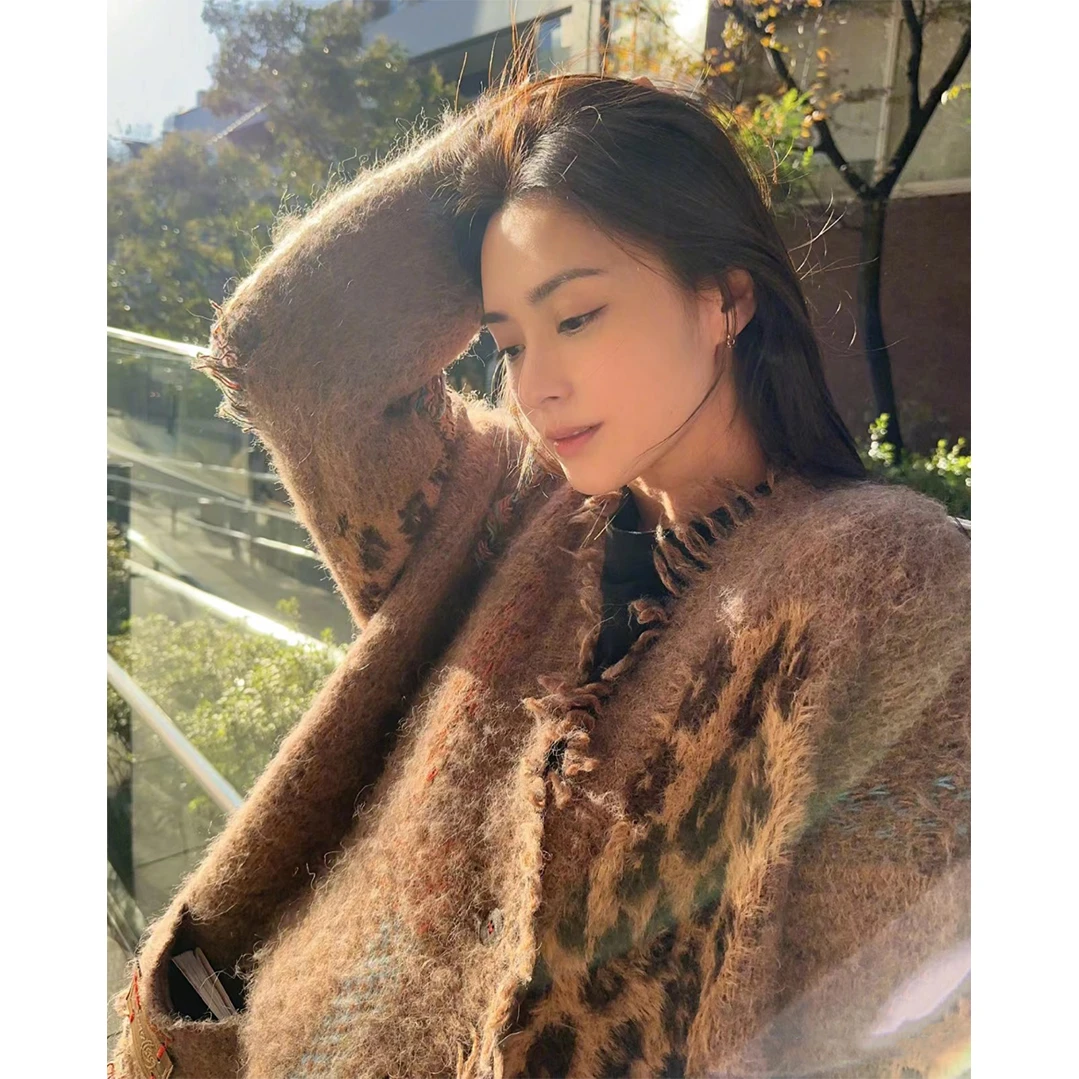 【林野】拼接毛边流苏设计百搭休闲宽松复古毛衣开衫.Y290